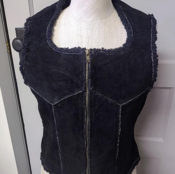 Dave J Genuine Leather Vest w/Sherpa Lining & Trim Black Zip Closure Womans XS - Picture 1 of 8